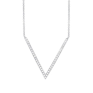This V necklace features pave set round brilliant cut diamonds.